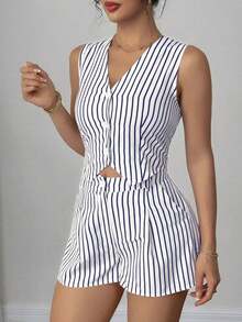 Conjunto de 2 piezas de chaleco y shorts casuales a rayas para mujer de verano - Blanco - Ver 3