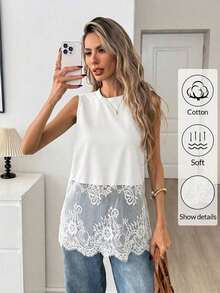 Top sin mangas de mujer con cuello redondo y dobladillo de encaje, primavera/verano - Blanco - Ver 5