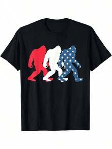 Patriotic Printed T-Shirt With American Flag And Sasquatch For The 4th Of July, 220g Women's Printed T-Shirt, 100% Cotton, Retro Short Sleeve T-Shirt For Women, Round Neck, Casual, For Outdoor, For Mother's Day, Pride Month, Halloween, Christmas, Daily Wear In All Four Seasons, Holiday Gifts. - 黑色 - 查看 1