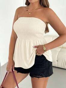 Blusa sin tirantes de rayas negras y blancas, versátil, cómoda y estilizadora, para mujer talla grande, ideal para primavera/verano, vacaciones y salidas, estilo europeo de verano - Albaricoque - Ver 6