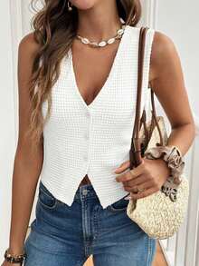 Frenchy Top de tanque casual de botones frontales de unicolor con textura para verano - Blanco - Ver 5
