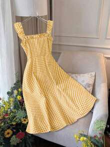 Vestido casual de verano entallado con tirantes finos y corte en A hasta la pantorrilla, en tela a cuadros rojos, para primavera/verano - Amarillo - Ver 1
