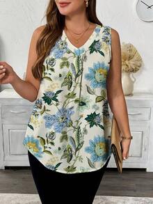 Blusa sin mangas con cuello en V y estampado floral para mujer talla grande, Camisa casual con cuello en V y estampado floral para mujer talla grande - Multicolor 5 - Ver 3