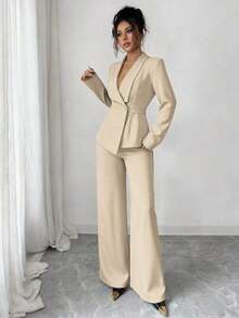 Conjunto de traje de mujer, tela de traje, cuello de solapa, manga larga, cintura ceñida con dobladillo asimétrico en línea A, decoración de botón de metal, sofisticado y elegante para la oficina, el transporte, el estilo callejero, el romanticismo francés, casual, vintage de Oriente Medio, té de la tarde, fiesta, Acción de Gracias, regreso a la escuela, primavera/otoño/invierno - Caqui - Ver 4