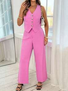Conjunto de top de chaleco y pantalones de mujer talla grande elegante y romántico en color rosa con cuello en V, conjunto de ropa de cumpleaños para primavera/verano para mujer, conjunto de monos elegantes, traje formal de negocios elegante para - Rosa - Ver 5