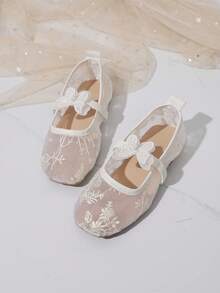 Girls' Flat Shoes, Summer New Casual Fashion Versatile Soft Bottom Square Toe Lightweight Comfortable Butterfly Pearl Breathable Mesh Flat Shoes For Girls, Summer Mesh Breathable Shoes - White - View 2
