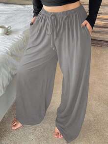 Plus Pantalones de pijama de pierna recta con cintura elástica y cordón para mujer de talla grande, pantalones de estar por casa de unicolor, para otoño e invierno - Gris - Ver 12