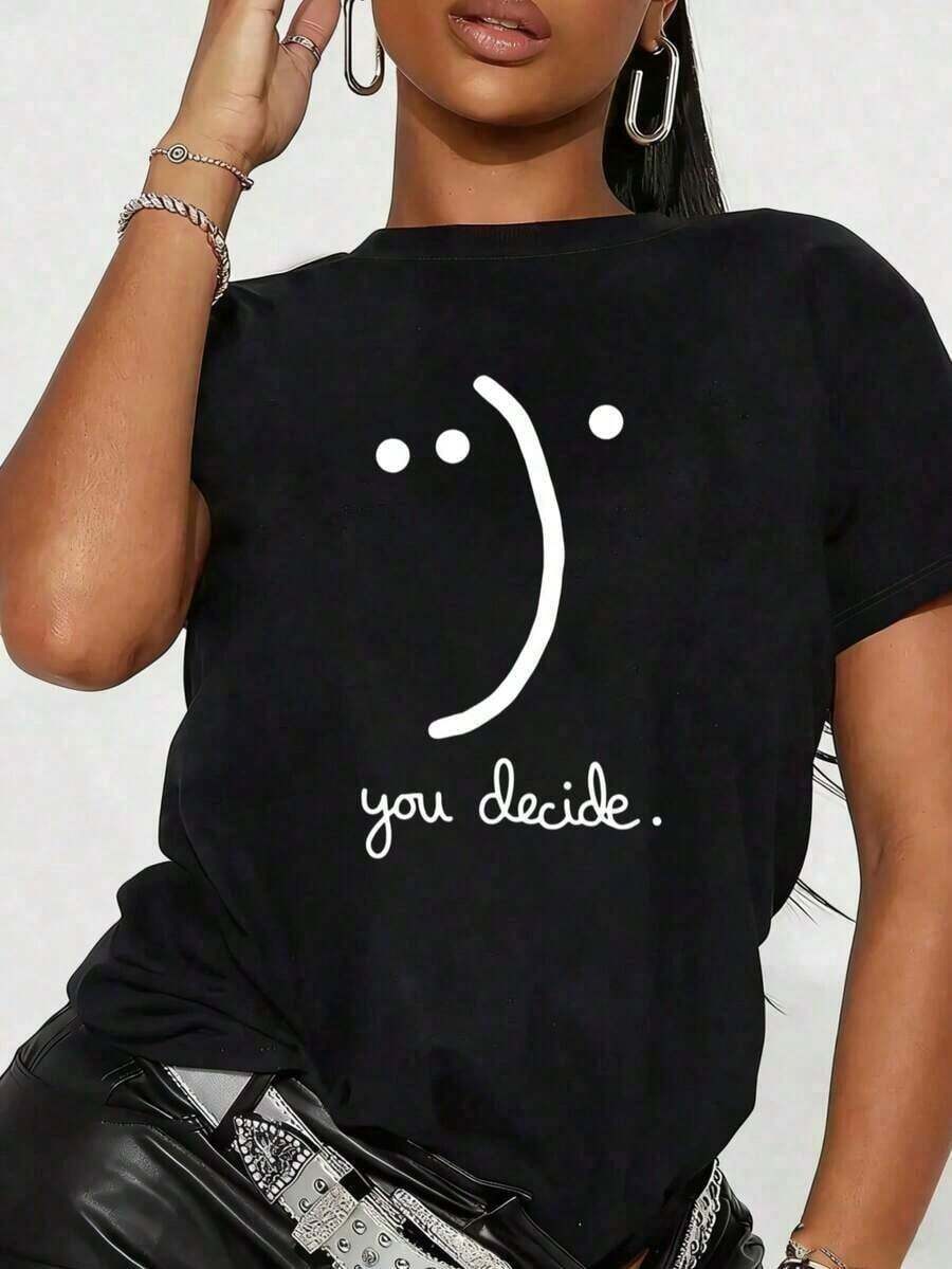 You Decide - Women's Elegant Letter Print T-Shirt - Short Sleeve Crew Neck T-Shirt, Comfortable And Casual For Casual Wear And Elegant Combinations - Oversized Short Sleeve Crew Neck T-Shirt, Soft And Breathable Fabric For Parties And Gifts - 黑色 - 查看 1