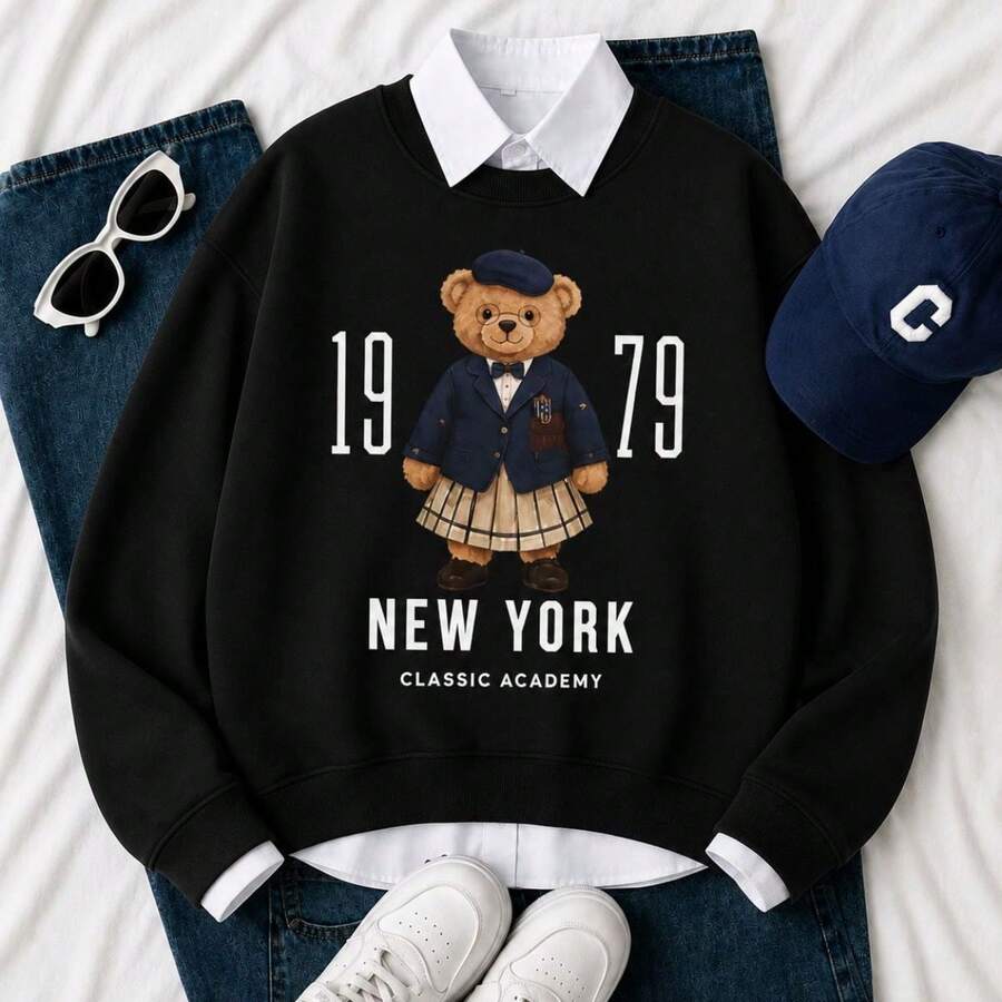 Women's Crew Neck Sweatshirt With Vintage Bear Print - Warm And Super Stylish Sweater, Ideal For All Seasons And Occasions - 黑色 - 查看 1