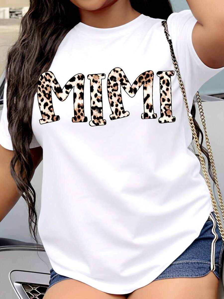 Camiseta gráfica con estampado de leopardo Mimi para mujer, camiseta blanca casual para la moda de verano, regalo perfecto para abuela o mamá.Corte relajado, mangas cortas, cómoda, transpirable, suave, esencial para el verano y la primavera. - Blanco - Ver 1