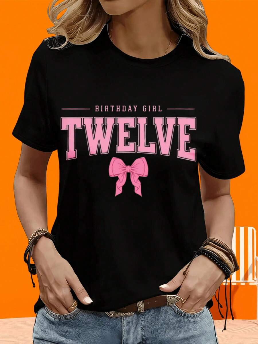 Women's Short-Sleeved T-Shirt, Casual, For Outdoor And Home, 220g, Pink T-Shirt With Bow For 12-Year-Old Girl, Birthday Party Gift, Wearable Clothing, Casual, For Outdoor, Holiday, Party, Gift. - 黑色 - 查看 1