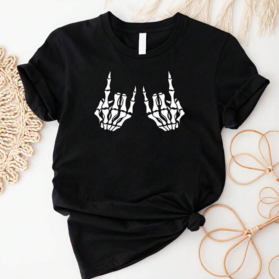 Camiseta Estampada para Mujer - Camiseta Casual de Manga Corta y Cuello Redondo en Negro con Gráfico de Manos Esqueléticas - Corte Relajado para Todas las Estaciones, Perfecta para Uso Diario y Atuendos de Vacaciones (Lavable aáquina). - Blanco - Ver 1