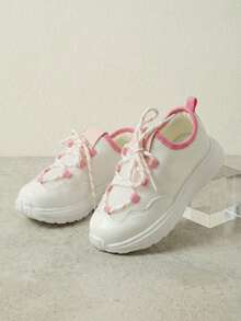 1 Pair New Kids' Colorblock Mesh Sneakers, White & Pink, Minimalist Casual Shoes With Criss-Cross Laces, Suitable For School, Outdoor Activities, And Daily Wear - powder white - View 4