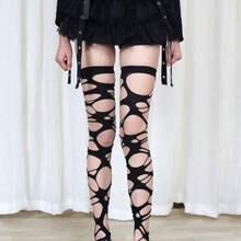 Quần legging lưới bất đối xứng gợi cảm phong cách Gothic Punk, tất cao đến đùi họa tiết mạng nhện Lolita dành cho nữ, thích hợp cho Halloween, quà Giáng sinh, mặc hàng ngày, hẹn hò. - Nhiều màu - Xem 5