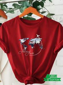 Camiseta de Cuello Redondo para Mujer con Estampado de Letras de Anime, Diseño Simple, Cómoda y Transpirable, Ideal para Uso Diario Casual y Versátil, que Muestra un Estilo Natural y Elegant - Rojo - Ver 8
