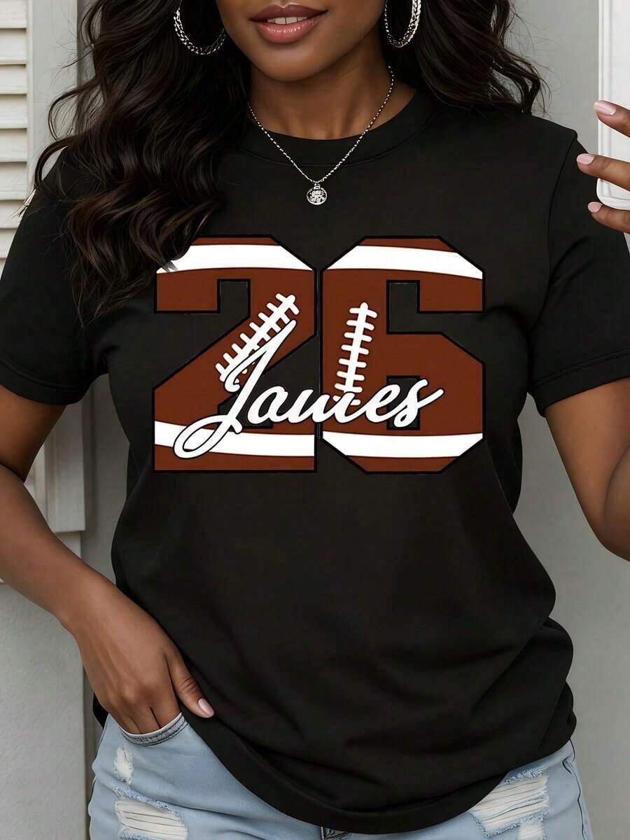 Women's Casual T-Shirt For Football Season, Round Neck, With Number 25 Print And Jones Text, Casual Match Day Wear, 100% Cotton, Durable - 黑色 - 查看 1