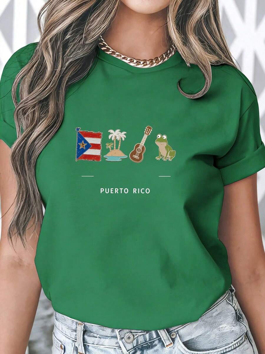 Camiseta de Verano Premium para Mujer con Estampados de la Bandera de Puerto Rico, Isla, Palmera, Guitarra y Rana, 100% Algodón, Tela Cómoda de 220g, Estilo Casual Unisex, Adecuada para el Verano y Uso Diario. - Verde - Ver 1