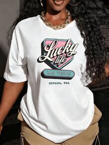 Camiseta de mujer Lucky Life Las Vegas Nevada USA con estampado gráfico en blanco y , opciones de color, top casual de verano para mujeres, estilo de moda urbana, camiseta de algodón con cuello redondo y diseño retro, perfecta para vacaciones, fiestas o uso diario, camisetas de verano, camisetas gráficas, atuendos de verano para mujeres, camisetas gráficas, tops cortos para mujeres, tops para mujeres vintage de algodón, ropa linda para mujeres, atuendo de Navidad, vestidos elegantes para mujeres, de Navidad, playera deportiva para mujeres, sudaderas, ropa deportiva para mujeresSuitable for spring, summer and autumn - Blanco - Ver 7
