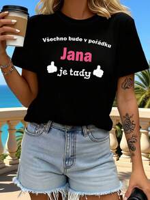 Camiseta Y2K Czech "Všechno bude v pořádku Jana je tady" de energía positiva - Camiseta estampada con la frase "Todo estará bien" para mujer, camiseta casual de manga corta y cuello redondo para primavera/verano, uso diario casual, regalo para vacaciones, estampado gráfico, ropa de calle de verano. - Negro - Ver 8