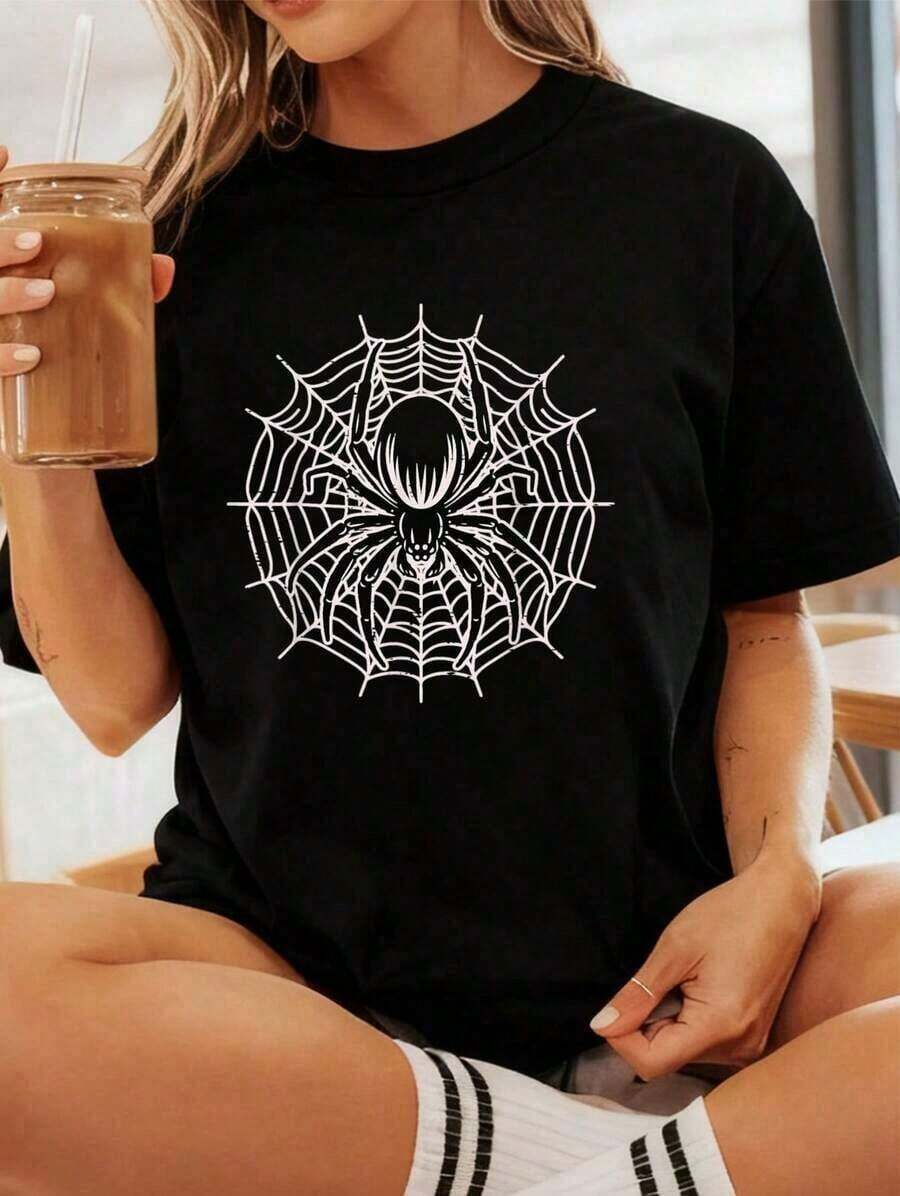 Women's Loose Printed T-shirtAraña de Halloween con telaraña, disfraz vintage para hombres, niños, mujeres, camia jpg, camias gráficas, elección de mujeres, tops cortos de verano para mujeres, tops de verano, camiacamisas de mujer blusa Adecuado como regalo. playera de mujer. blusas>elegantes. boho chic,Top de mujer suave, transpirable y cómodo, ideal para primavera, verano y otoño, perfecto para vacaciones, viajes y uso diario. - Negro - Ver 1