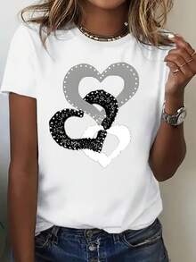 Stylish Regular Size Women'S Round Neck Short Sleeve T - Shirt With Breathable Fabric And Interlocked Heart Creative Pattern For Casual Wear - White - View 1