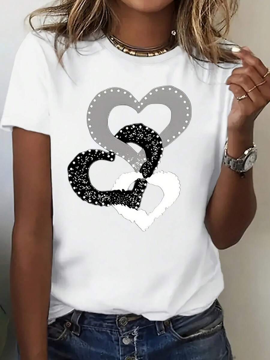 Stylish Regular Size Women'S Round Neck Short Sleeve T - Shirt With Breathable Fabric And Interlocked Heart Creative Pattern For Casual Wear - White - View 1
