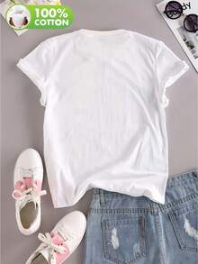 1 camiseta estampada para mujer - lindo osito de peluche con gafas y estampado "You are yourself", corte holgado, cuello redondo, manga corta, adecuada para uso casual en primavera y verano, camiseta de osito de peluche, camiseta cómoda para el día a día, camiseta con diseño divertido. 100% algodón, 180g. - Negro - Ver 8