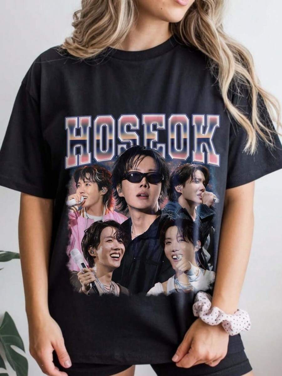 Hoseokshirt: Camiseta con gráficos retro de , camiseta de estilo falso, blusas para mujer, blusas, blusas casuales para mujer, tops para mujer, tops, unisex. - Negro - Ver 1