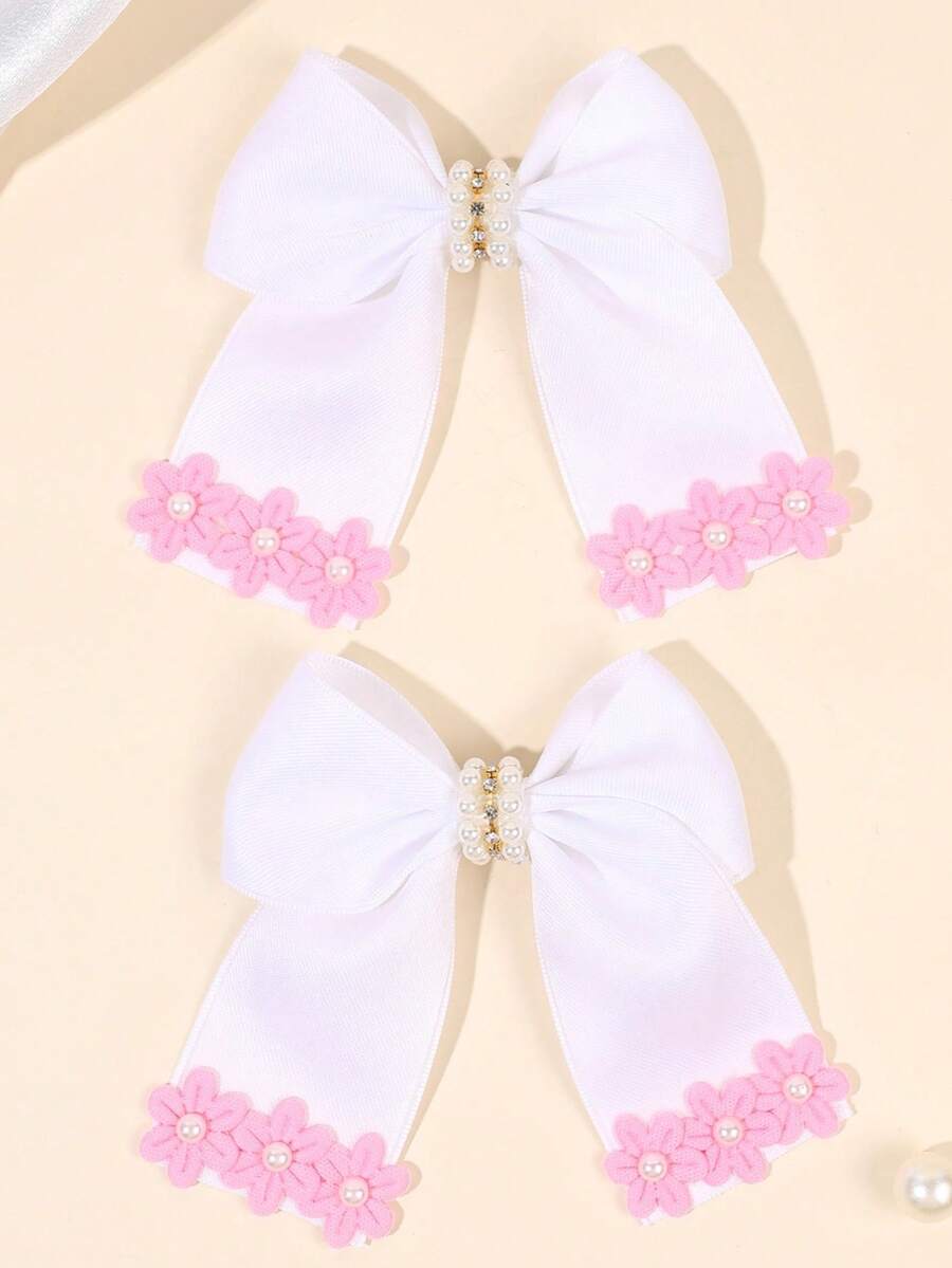 2pcs/Set White Bow Hair Clips For Girls, Cute Blue Flower Decor Bow Hair Clips, Exquisite Pearl Rhinestone Flower Decor Alligator Clips, Ribbon Hair Clips Party Hair Accessories Wedding Headwear For Girls And Teens - Multicolor - View 1