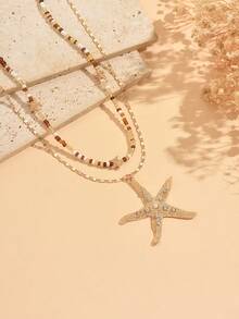 2pcs/Set Handmade Bohemian Style Beaded Necklace, Fashion Versatile Starfish Pendant, Suitable For Daily Wear, Travel And Party, Random Bead Size And Color Arrangement - Multicolor - View 3