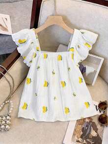 Blusa corta casual de algodón 100% con bordado 3D, cuello cuadrado con volantes en las mangas, camisa floral para uso en tiempo libre y vacaciones, verano - Blanco - Ver 2