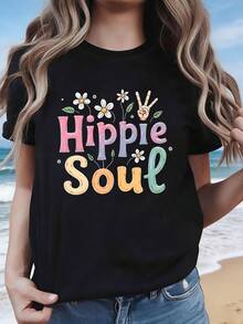 Casual Essential: Embracing The Freedom And Relaxation Of Hippie Style, This Plus-Size Women's Crew Neck T-Shirt Features Colorful Fonts, A Daisy Print, And A Peace Symbol. Perfect For Spring And Summer, It's A Vibrant And Versatile Piece Suitable For Going Out, Outdoor Activities, Or Even Work. Made From Soft Cotton For Everyday Wear, It's A Versatile And Stylish Choice. - 黑色 - 查看 3