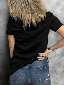 Women's Casual Loose Fit T-Shirt With Western Print "Please Be Patient With Me", Breathable And Comfortable, Short Sleeve, Crew Neck, Vintage Car And Cactus Print, Soft Cotton, Perfect For Everyday Wear And Urban Cowgirl Style - 黑色 - 查看 3