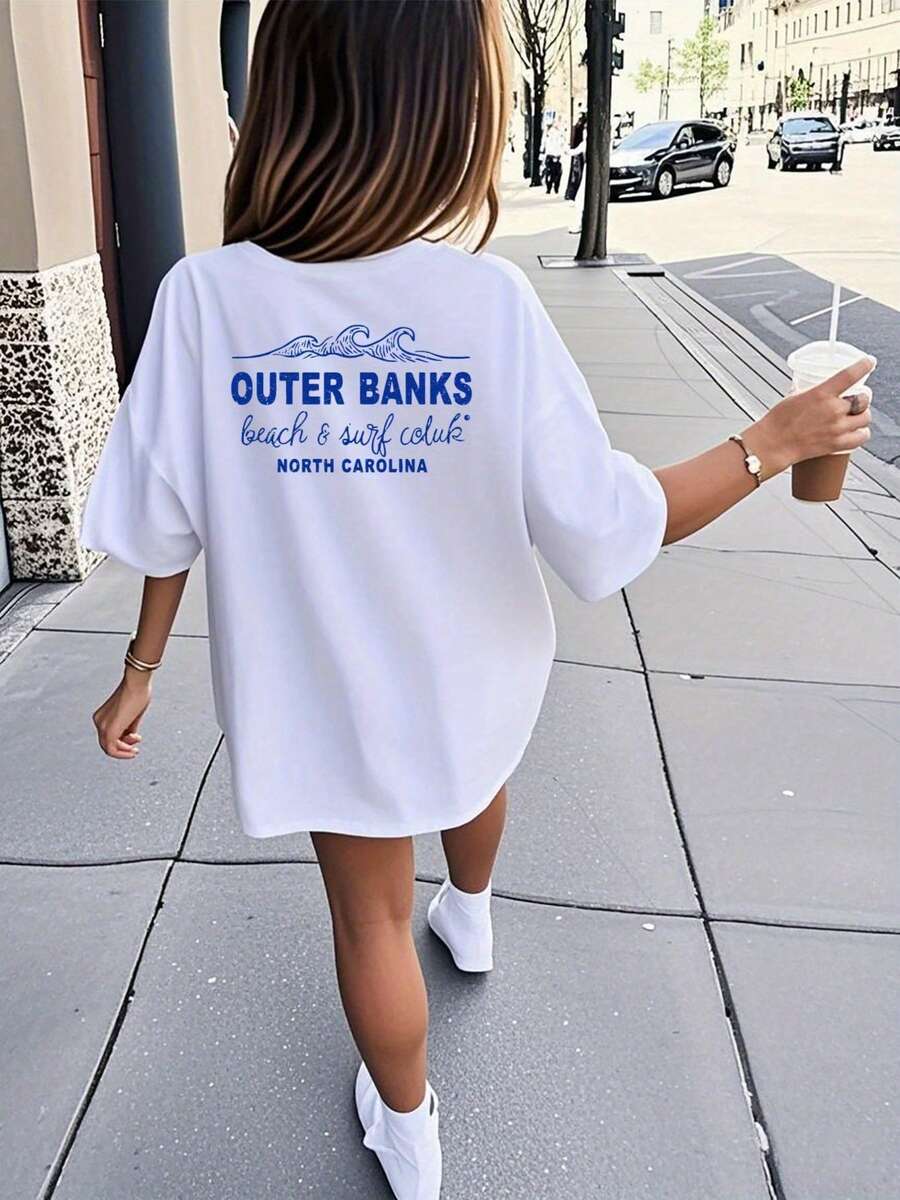 Premium Ocean Surf Style Short Sleeve T-Shirt, 100% Cotton, Loose Fit, "" Wave Print, North Carolina Beach Club Style, Letter Print, Adult Women's Short Sleeve T-Shirt, Ideal For Back To School Season, Breathable Fabric, Regular Crew Neck, . - 白色 - 查看 1