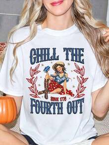 Women's Casual Style Short-Sleeved Crew Neck T-Shirt, Vintage Patriotic Pin-Up Girl Design With Beer And Boots, Excellent Gift Idea, Plus Size T-Shirt For Women, Perfect For Christmas Parties Or As A Gift, Soft And Comfortable. - 白色 - 查看 6