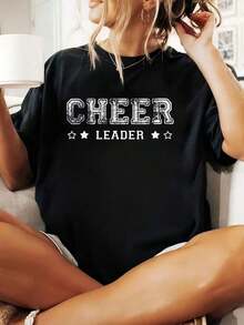 100% Cotton Cheerleader T-Shirt, Varsity Style, Cute, For Men And Women, Soft And Breathable, Classic Fashion, Summer Style, Crew Neck, Printed, Short Sleeves, Casual, For Everyday Wear. They Make Great Gifts For Friends And Family. The 100% Cotton T-Shirts Feature A Youthful And Modern Design. Casual Blouses For Women. - 黑色 - 查看 6