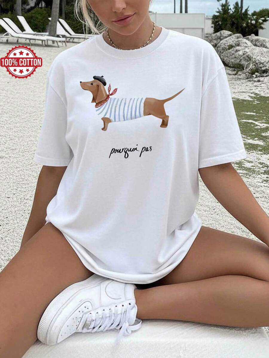Women's Inspirational T-Shirt With Dachshund Print, Striped Shirt, And Beret - Crew Neck Top - Lightweight Casual Spring/Summer Fantasy Design With Distinctive Phrase - Comfortable And Machine Washable - 白色 - 查看 1