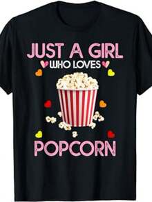 Camiseta de Palomitas de Maíz para Mujer, Camiseta "Just A Girl Who Loves Popcorn". Mismo estilo para hombre y mujer, camiseta estampada de manga corta para el verano 2026. Camiseta de Algodón para Familia Coordinada. - Negro - Ver 7