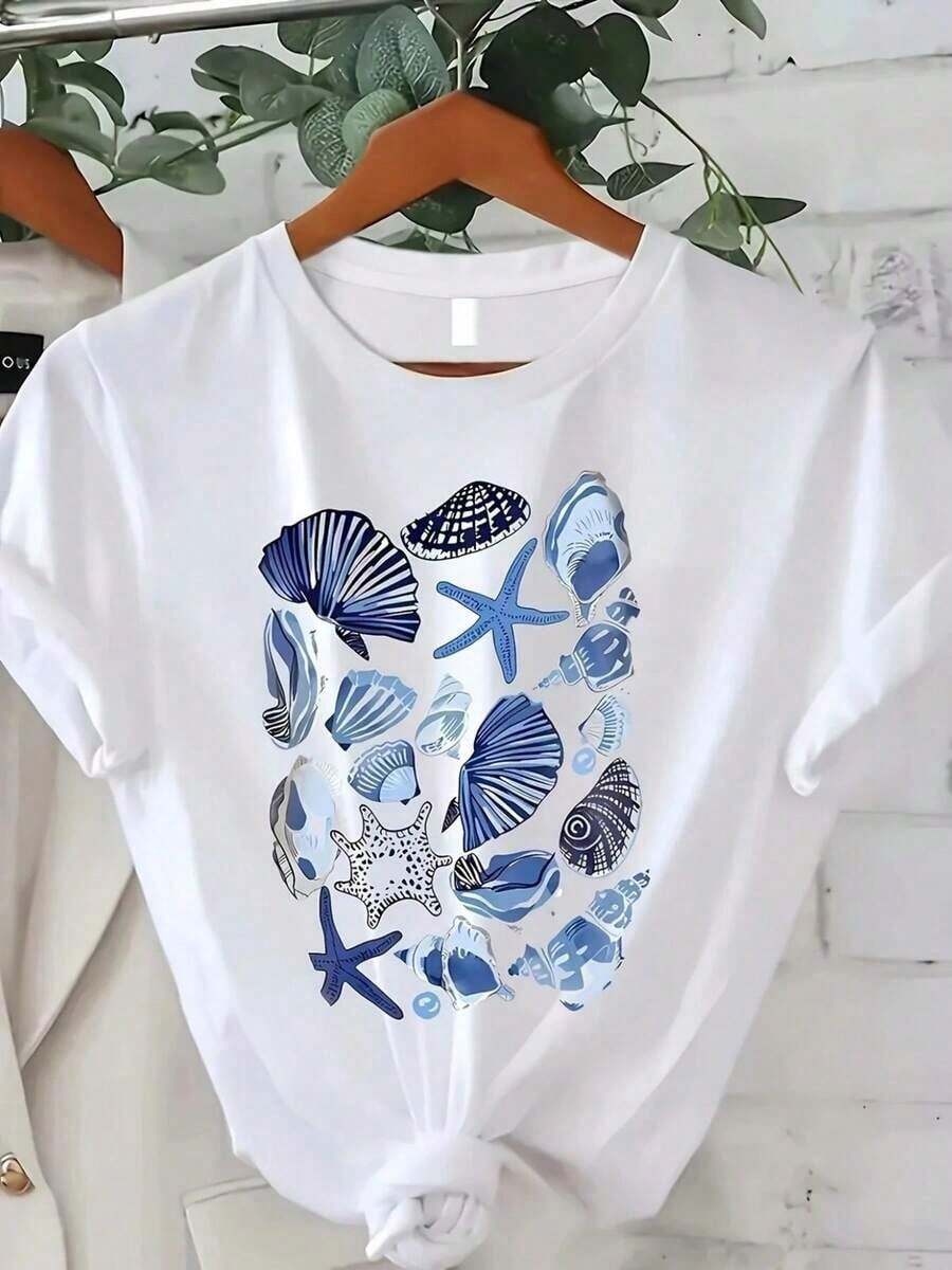 Modern And Minimalist Women's T-Shirt With Letter And Anime Print, Simple And Versatile Design, Ideal For Casual Daily Wear, Shows A Natural And Elegant Style, Essential For Summer Parties, Local Delivery, Casual For Everyday Wear. - 白色 - 查看 1
