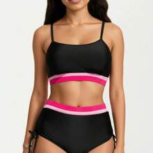 Women's Two Piece Bikini Set With Scoop Neck Top High Waist Bottom And Contrast Trim - Large, Black - Black - View 5
