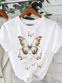 Gold Butterfly Animal Print Round Neck Plus Size Short Sleeve T-Shirt White - White - View 1
