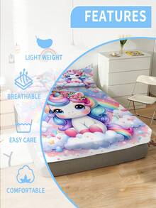 2/3pcs Customizable Rainbow Unicorn Print Children's Bedding, Cute Cartoon Style Polyester Fiber Fitted Sheet, 30cm Deep Pocket, Elastic All Around, Soft & Breathable Mattress Protector, Customized Kids Bed Sheet, Suitable For Bedroom And All Seasons - Multicolor - View 2