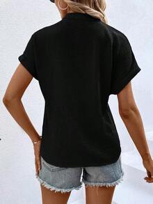 Blusa de mujer de unicolor y cuello en V minimalista de manga corta - Negro - Ver 2