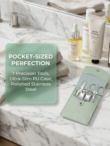 7pcs Portable Nail Clipper Set, High Quality Stainless Steel Ultra Sharp Durable Curved Edge Scissors For Trimming Finger & Toenails, With Nail File (Green & Silver Set) - Multicolor - View 7