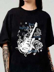 Women's Pure Cotton T-Shirt With Musical Guitar Print And Round Neck, Y2K Streetwear Retro Punk Style, Suitable For Holidays, Music Festivals, Comfortable And Loose Short Sleeve. - 黑色 - 查看 4