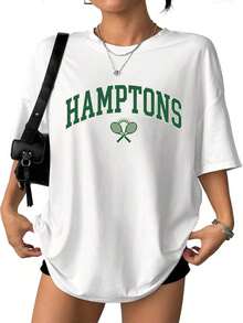 Cute Unisex Premium Casual T-Shirts, Oversized Cotton T-Shirt With Hamptons Graphic Design | Soft Summer Casual T-Shirt With Tennis Print, Preppy Style, Spring And Summer Clothing, One Piece, 35% Cotton, 65% Polyester. - 白色 - 查看 2