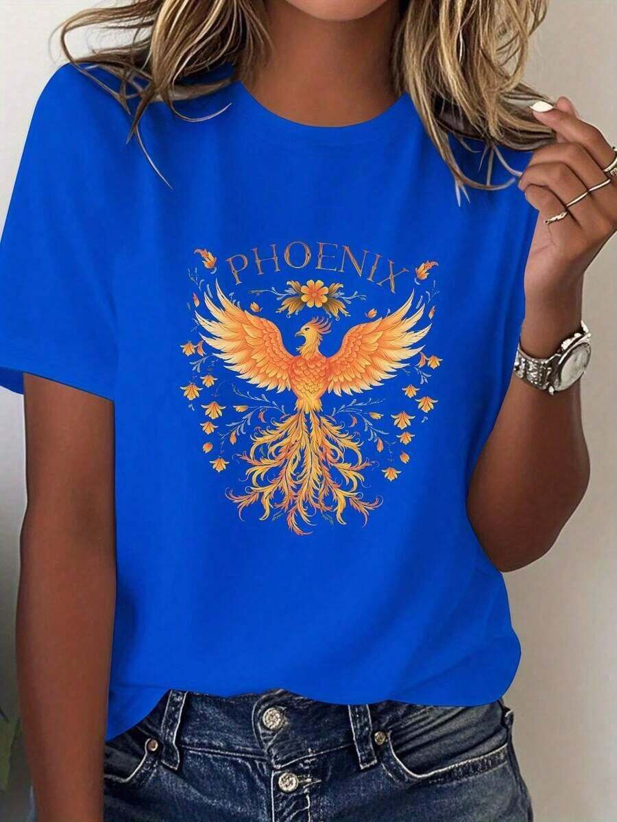 GiftCamias With Phoenix Prints, Floral Design, Women's Shirt Made Of Pure Cotton, Comfortable Fit, 100% Cotton. Soft - 藍色的 - 查看 1