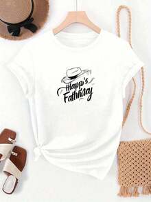 Women's Short Sleeve T-Shirt For Father's Day - Casual White Summer T-Shirt With "Happy Father's Day" Printed In Black - Crew Neck T-Shirt For Everyday Wear, Suitable For Gifts For Dad And Family Celebrations - Machine Washable Women's Clothing, Great Gift Idea For The Holidays, Short Sleeve T-Shirt, Easy Care Clothing, Excellent Gift Choice. Leisure - 白色 - 查看 1