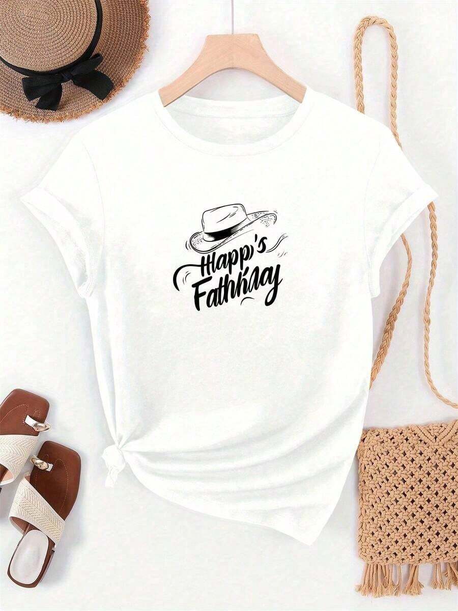 Women's Short Sleeve T-Shirt For Father's Day - Casual White Summer T-Shirt With "Happy Father's Day" Printed In Black - Crew Neck T-Shirt For Everyday Wear, Suitable For Gifts For Dad And Family Celebrations - Machine Washable Women's Clothing, Great Gift Idea For The Holidays, Short Sleeve T-Shirt, Easy Care Clothing, Excellent Gift Choice. Leisure - 白色 - 查看 1