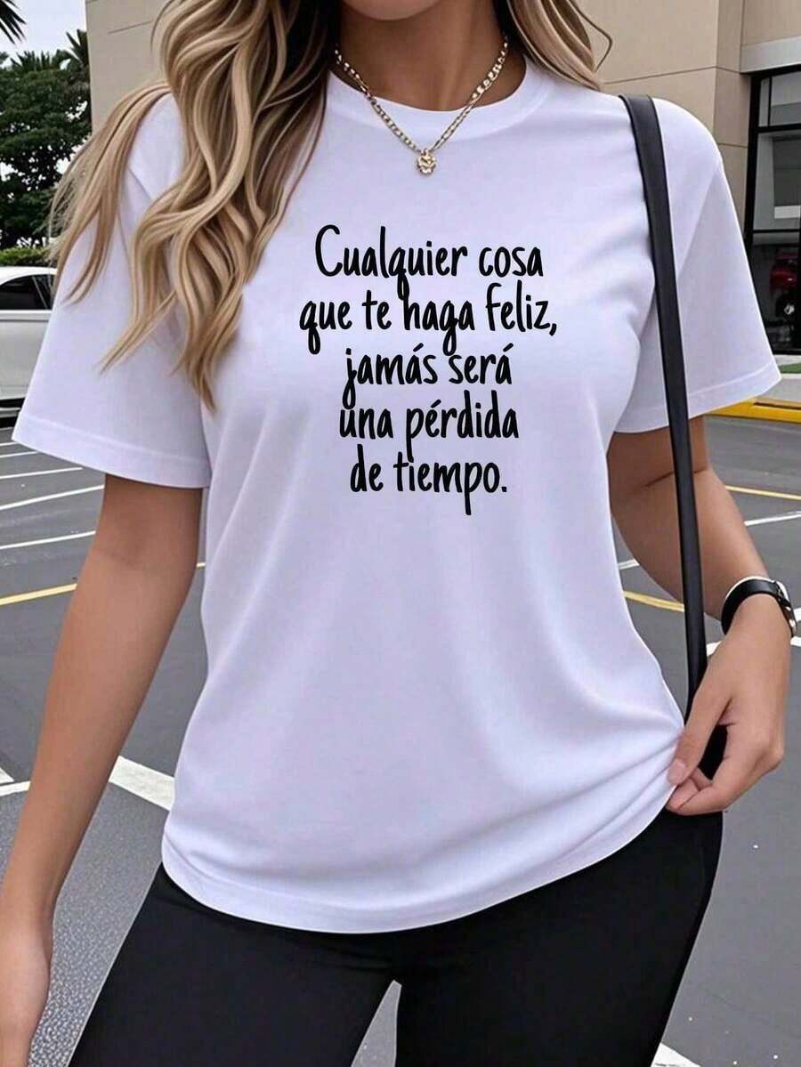 Women's One-Piece Short-Sleeved T-Shirt, Inspirational Design In Spanish, Artistic, Creative, Fun, Popular And Patterned Fashion Print, Breathable And Stretchy Round Neck Top, Comfortable Outerwear For Spring, Summer And Autumn, Cute And Loose Y2K Style. Leisure - trắng - Xem 1